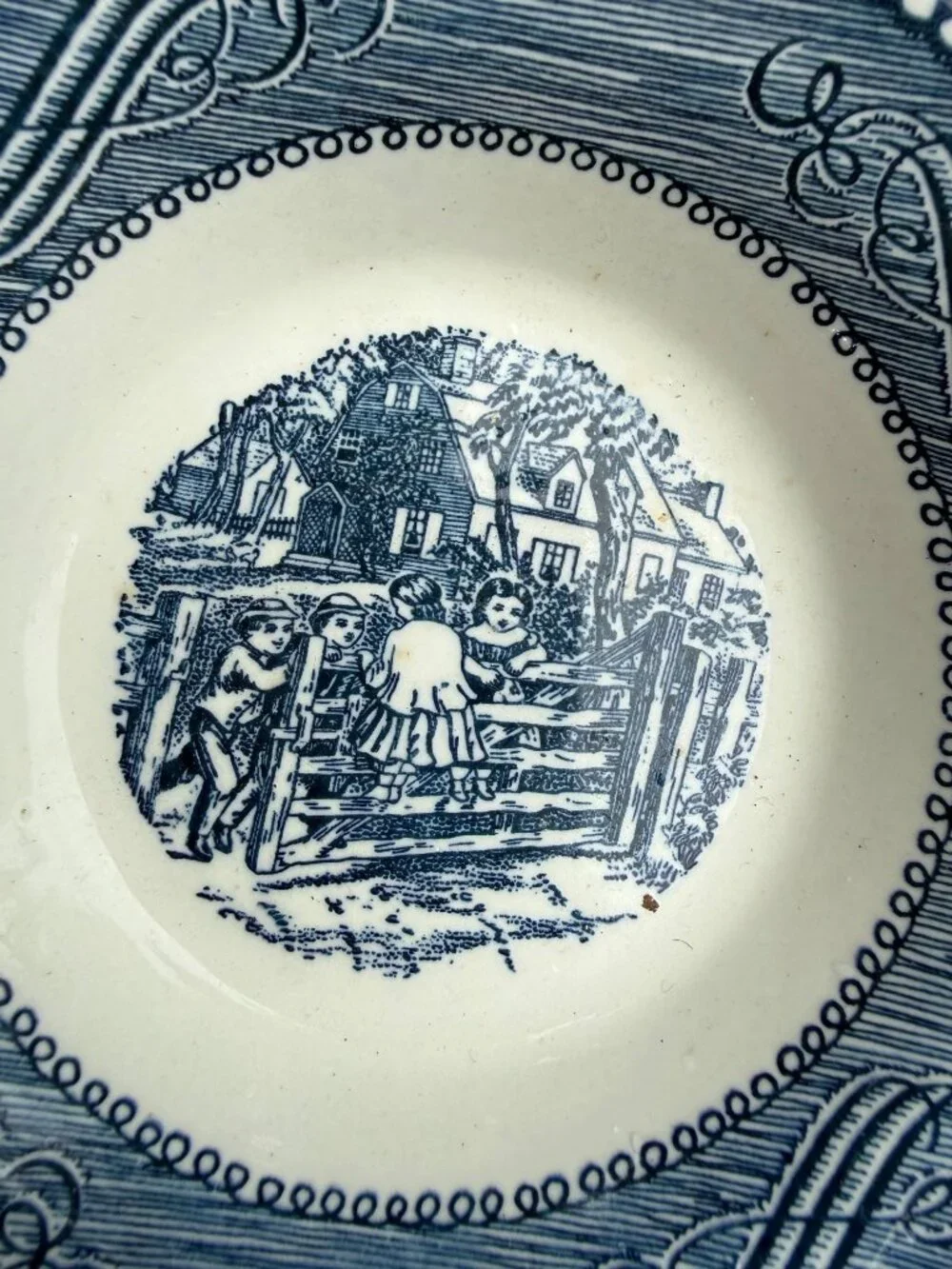 Vintage Currier & Ives Blue White Transferware Bowl Countryside Scene Cottagecor